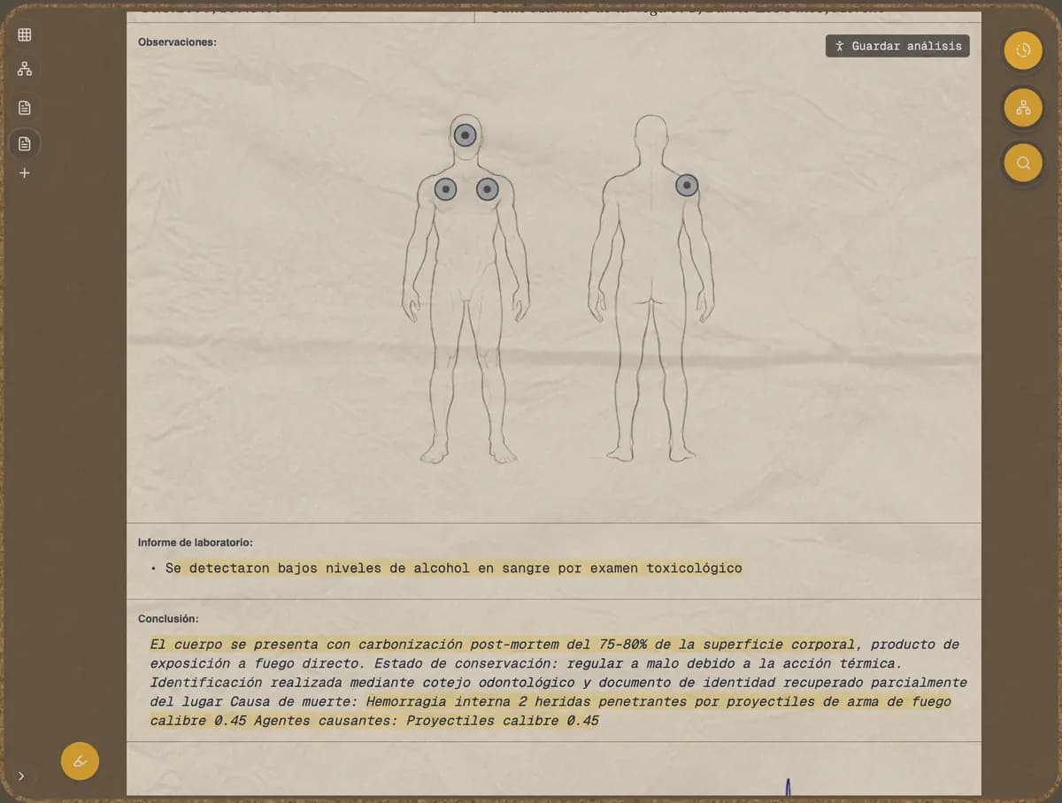 Expediente del caso con documentos, fotos y informes forenses