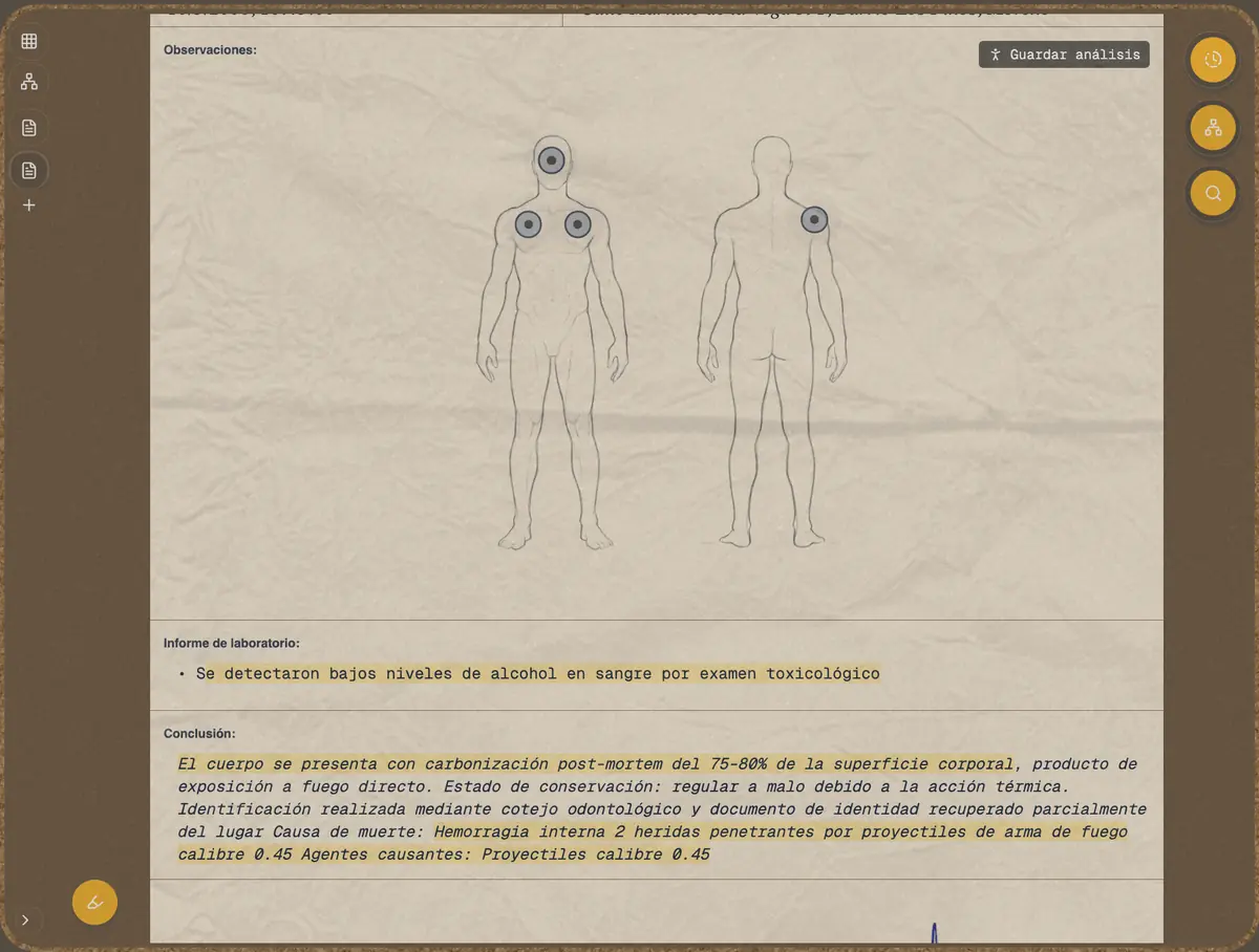 Expediente del caso con documentos, fotos y informes forenses